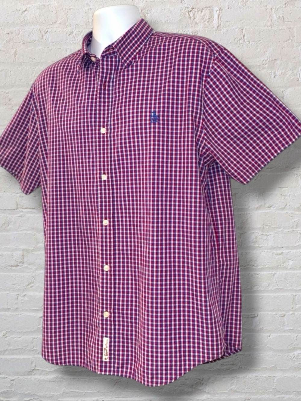 Original Penguin Classic Fit Button Down Shirt XL Red Blue Check Short Sleeve